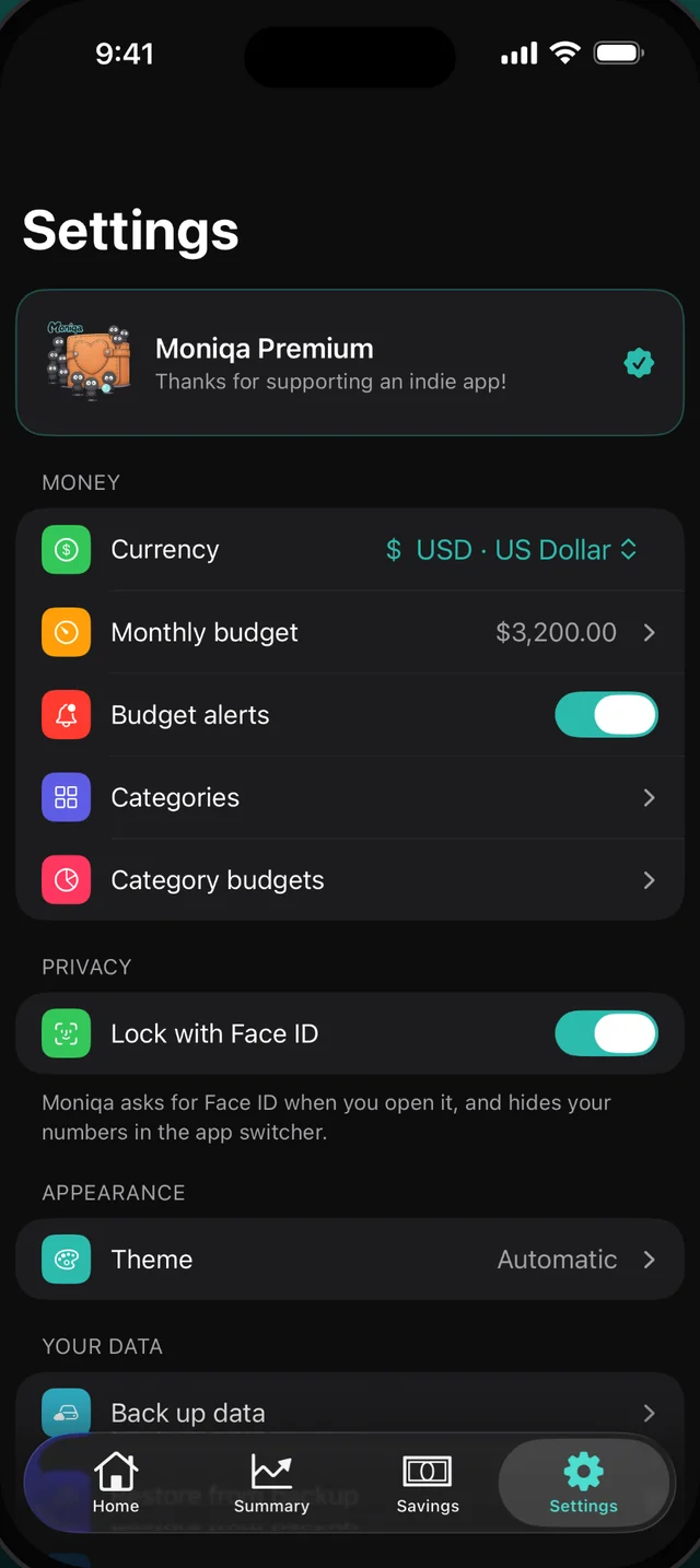 Moniqa settings with Face ID lock and backup