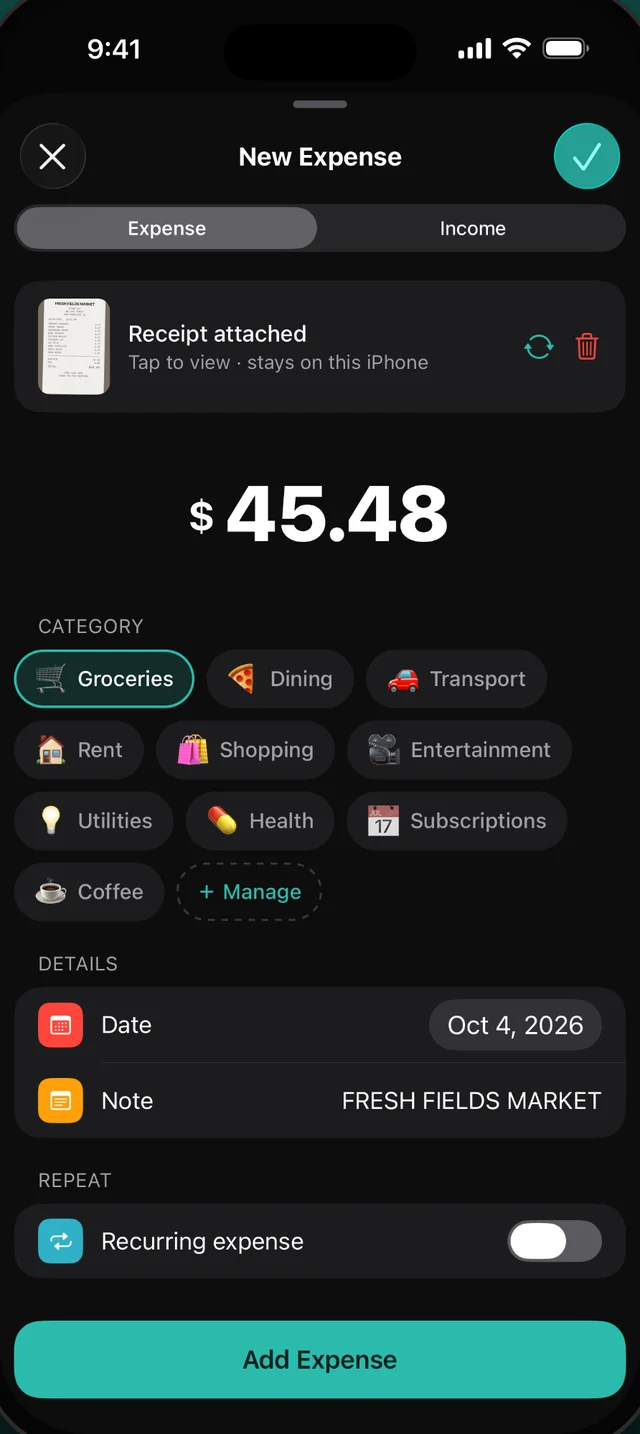 Adding an expense from a scanned receipt in Moniqa