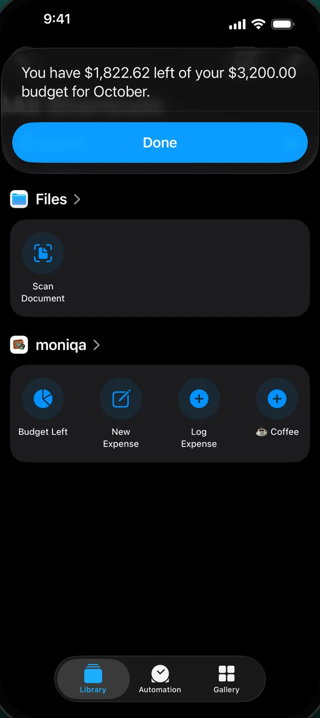 Siri answering how much budget is left in Moniqa